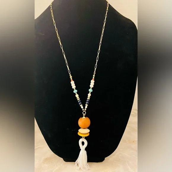 Ann Taylor Factory wood pendant with long tassel on a beaded paper clip chain. - Picture 3 of 6